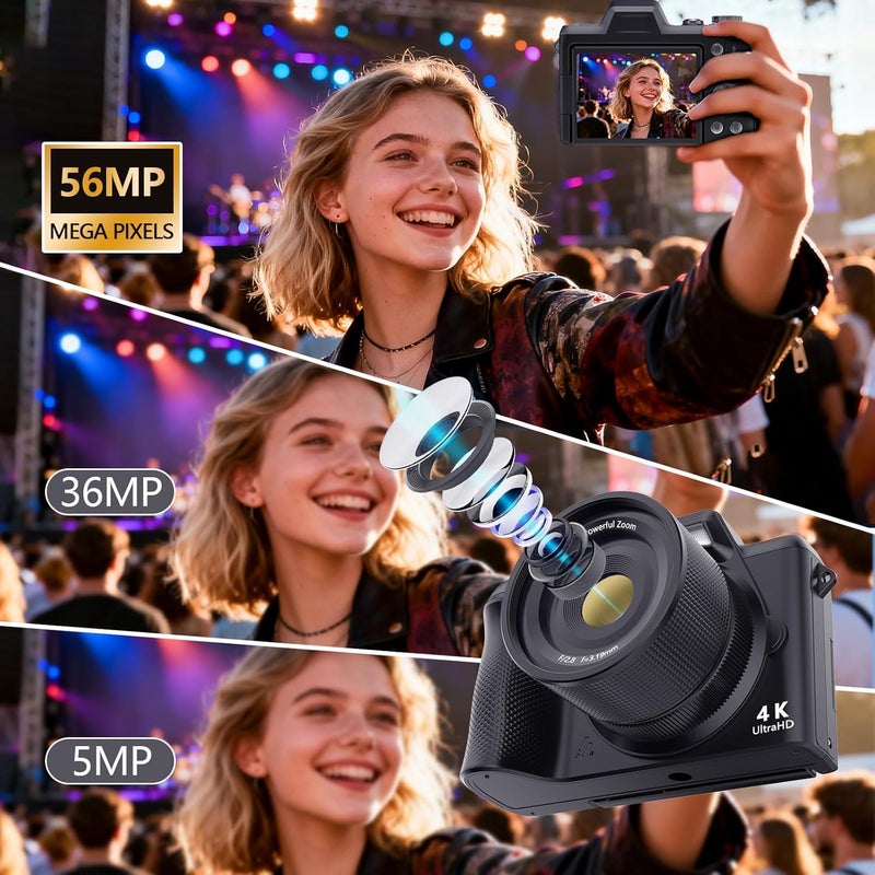 Kasukani كاميرا رقمية 4K للتصوير والفلوغينغ، كاميرات رقمية 56MP بنقطة وإطلاق مع شاشة قابلة للطي بزاوية 180°، كاميرا سفر مدمجة 16X زوم، كاميرا محمولة للبالغين والمبتدئين مع بطاقة SD سعة 32GB - Image 2